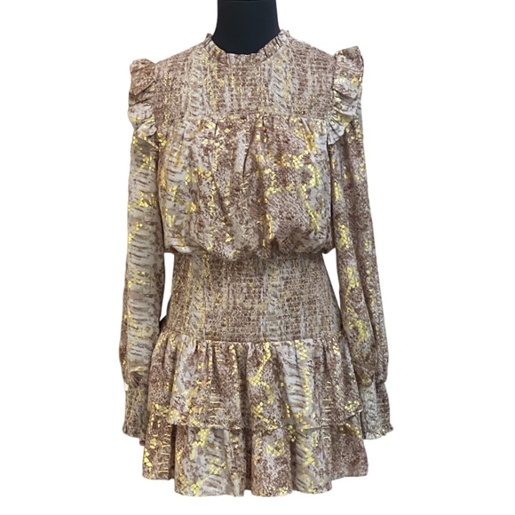 Endless Rose Metallic Animal Print Mini Dress Sz S Gold Ruffles Tier Long Sleeve - Picture 3 of 15